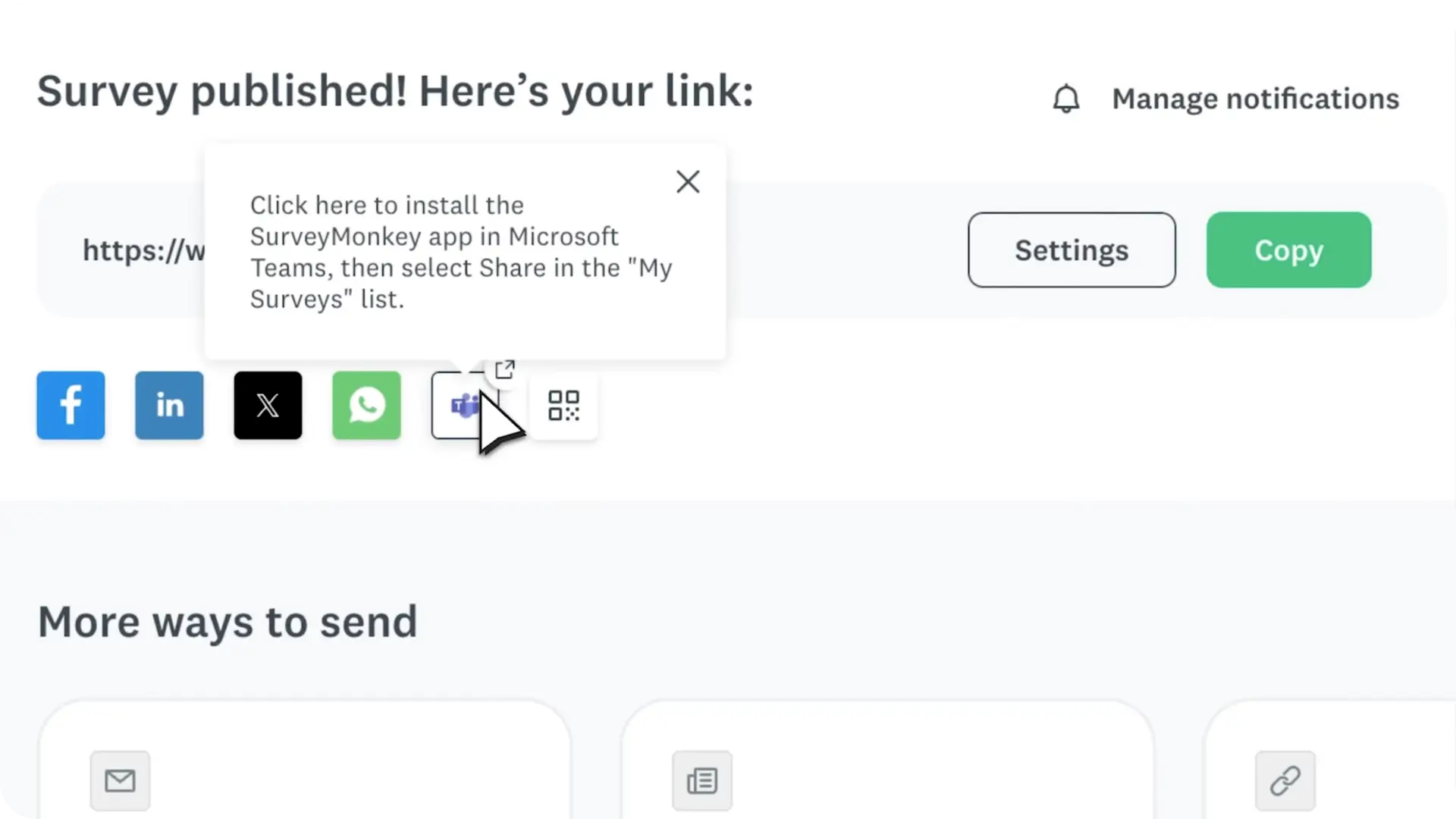 SurveyMonkey survey publishing screen showing a survey link and options to share the published survey, including Microsoft Teams.