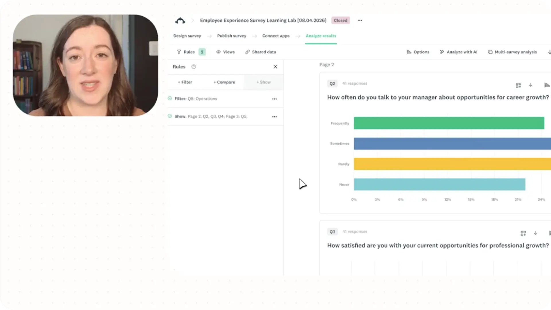 Instructor demonstrates how to analyze survey results in SurveyMonkey using filters and response charts.