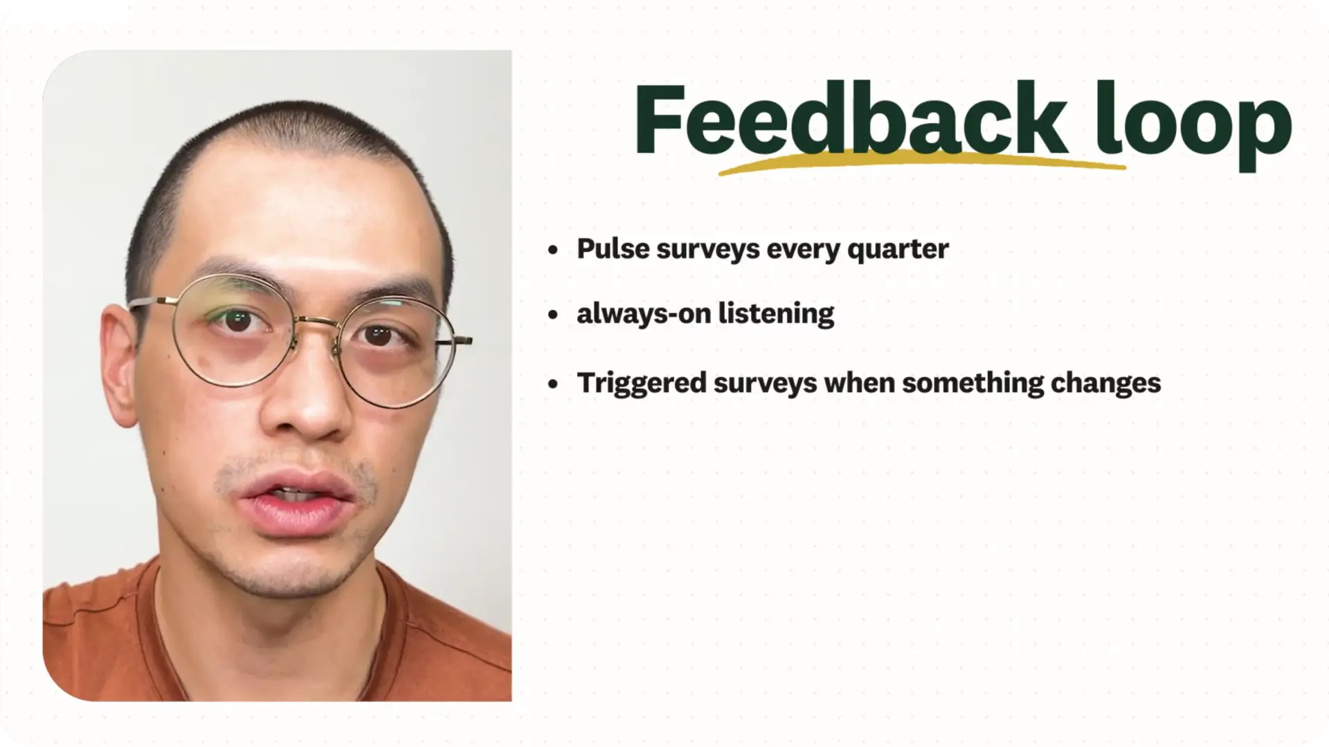 SurveyMonkey Learning Lab instructor explains feedback loop strategies, including quarterly pulse surveys, always-on listening, and triggered surveys.