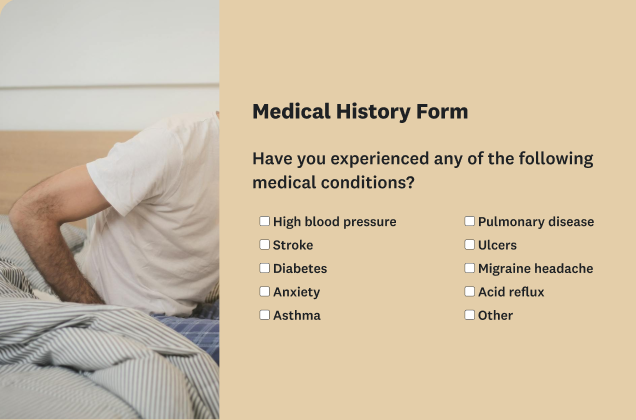 A "Medical History Form" with a list of medical conditions and checkboxes. The form is shown next to a photo of a person's torso sitting up in bed.