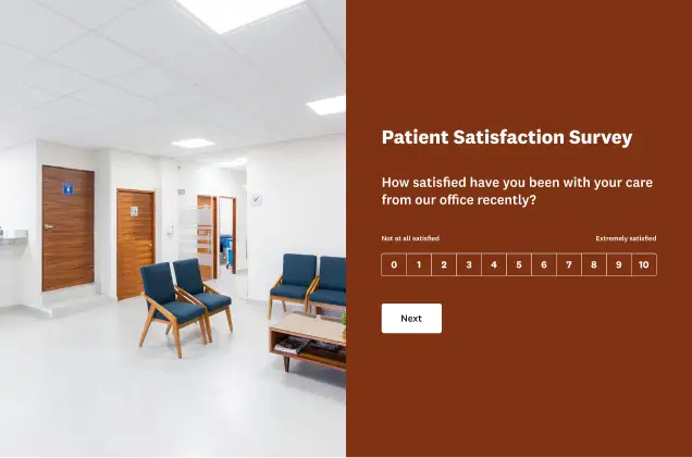 A Patient Satisfaction Survey form asking, "How satisfied have you been with your care from our office recently?" The form is displayed next to a photo of an empty doctor's office waiting room