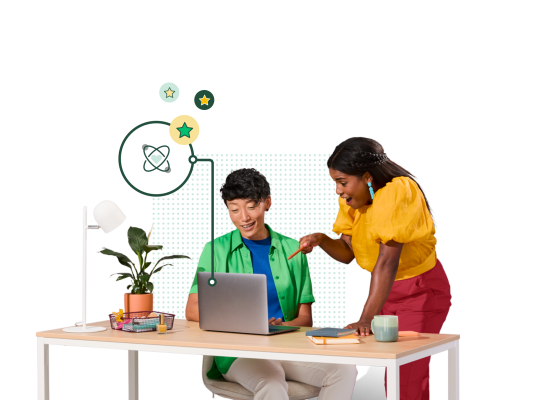 Mies ja nainen katsovat innoissaan kannettavaa tietokonetta