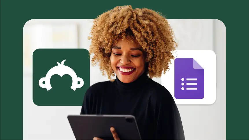 A woman smiling while using a tablet with the SurveyMonkey and Google Forms logos floating in the foreground