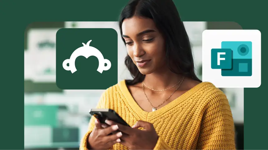 A woman using her phone with the SurveyMonkey and Microsoft Forms logos floating in the foreground