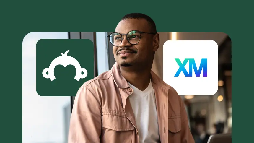 A man looking out a window with the SurveyMonkey and Qualtrics logos floating in the foreground