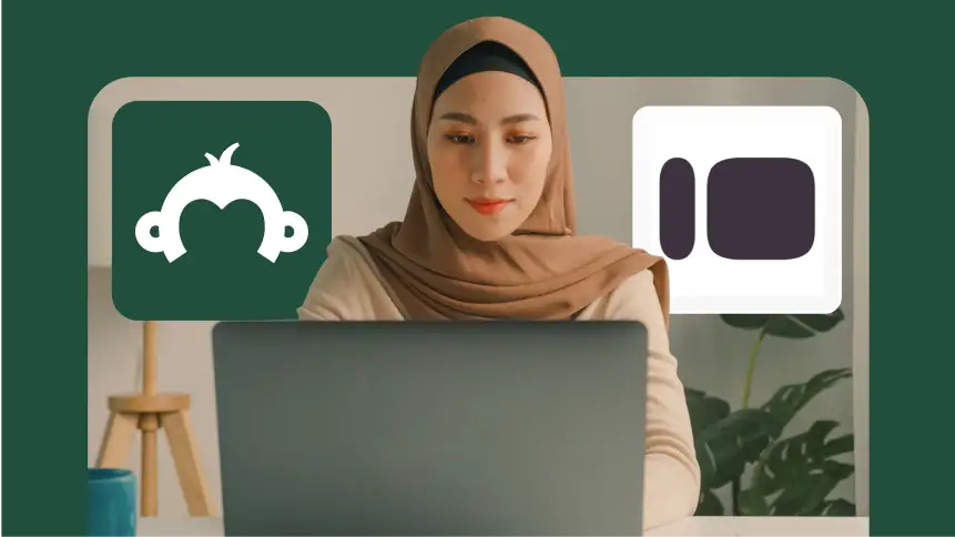A woman working on her laptop with the SurveyMonkey and Typeform logos floating in the foreground