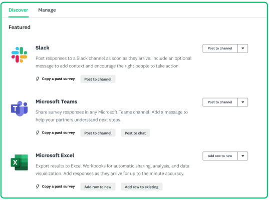 SurveyMonkey in-product screenshot of 3 apps available in Connect: Slack, Microsoft Teams, and Microsoft Excel