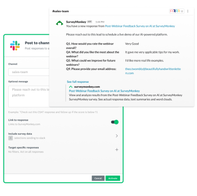 in-product screenshot showing survey responses being shared to a Slack channel with SurveyMonkey Connect
