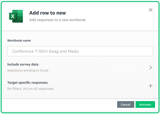 in-product screenshot showing how to add a row to a Microsoft Excel workbook via the SurveyMonkey Connect app