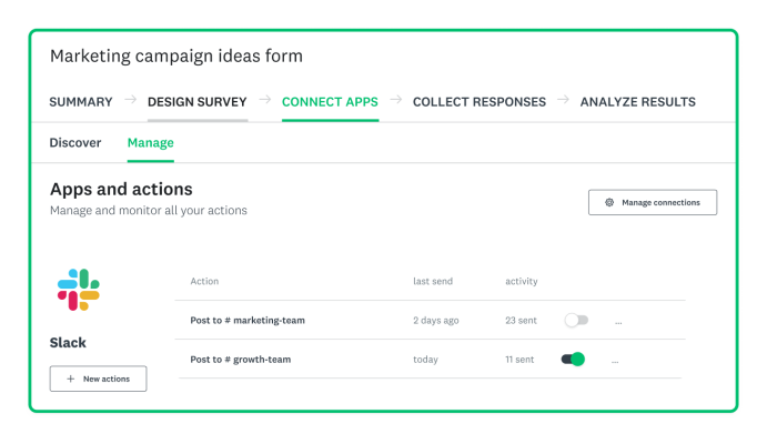 SurveyMonkey in-product screenshot of the Slack app available via Connect