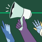 illustration of hands, including one holding a bullhorn
