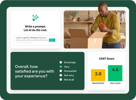 Modal instructing user to write a prompt and let AI do the rest, with the input being I want to gather feedback from our clients about the overall satisfaction with our company, next to a survey question asking overall how satisfied are you with your experience, next to a CSAT score bar graph showing a benchmark vs your score