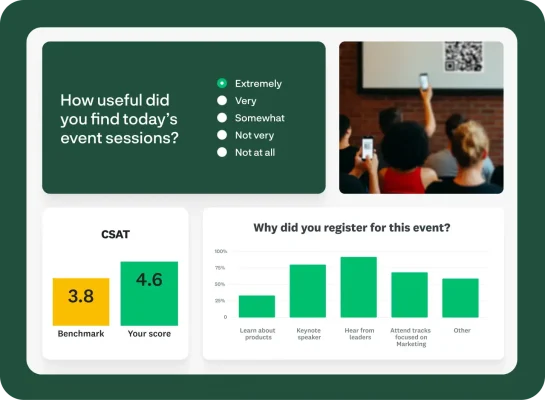 Survey question asking how useful did you find today's event sessions, next to bar graph showing CSAT benchmark versus your score, and a bar graph showing results for why did you register for this event