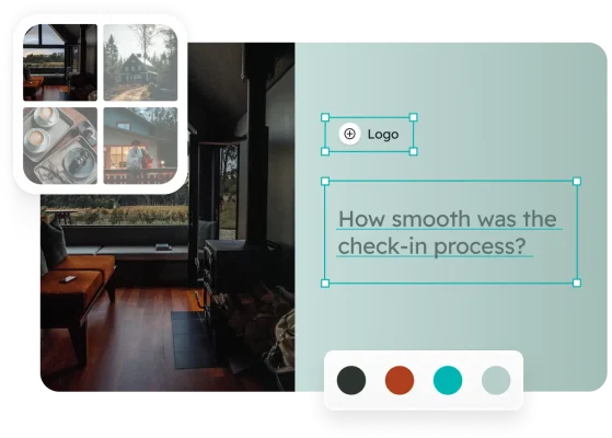 An interior cabin photo with an overlay showing survey design options (Logo, Image collage, Color palette) and a question about the check-in process.