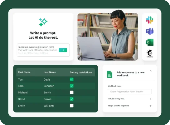 Modal instructing user to write a prompt and let AI do the rest, with the input being I need an event registration form that will track attendee information such as dietary restrictions, next to a table showing a list of first and last names, and checkmarks next to those that have dietary restrictions, with an option to export to Microsoft Excel