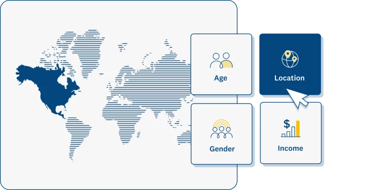 Image of world map next to demographic targeting options such as age, household income, gender, and location