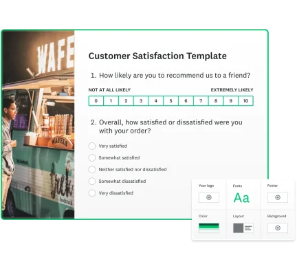 A customer satisfaction survey template, next to a menu of customizations for your logo, fonts, footer, color, layout, and background
