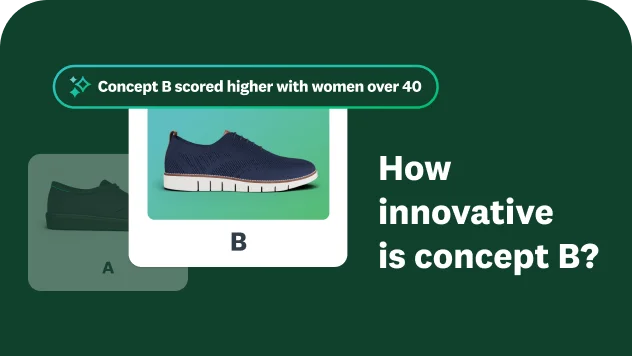 Images of two differemnt shoes, where insight says concept B scored higher with women over 40, and question asking how innovative is concept B