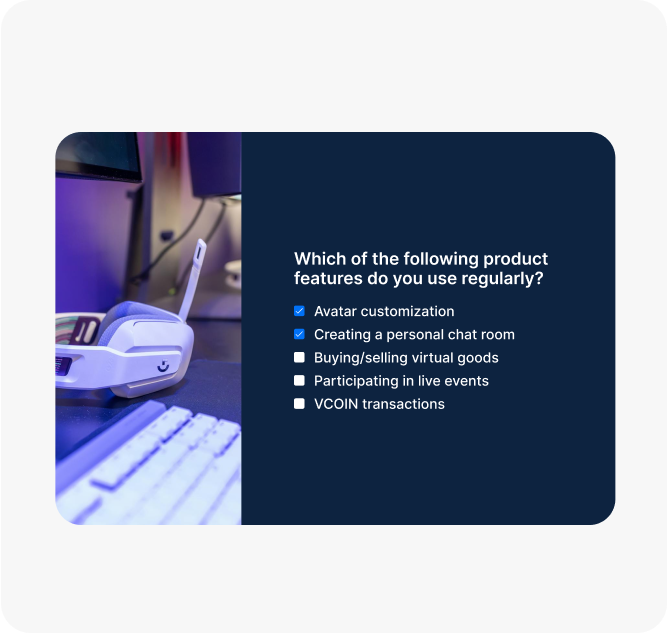 A survey screen next to a gaming headset, asking which virtual product features the user uses regularly.