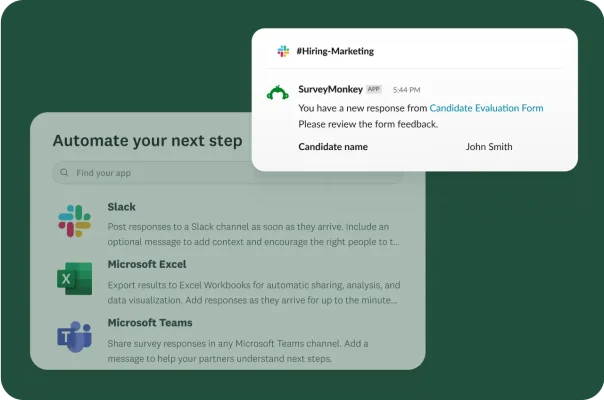 A screenshot showing a Slack notification from SurveyMonkey about a new form response. Below, a menu displays options to integrate with Slack, Microsoft Excel, and Microsoft Teams.
