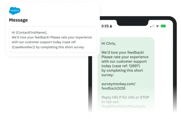 Salesforce message showing an SMS text message sent to ask users to complete a survey