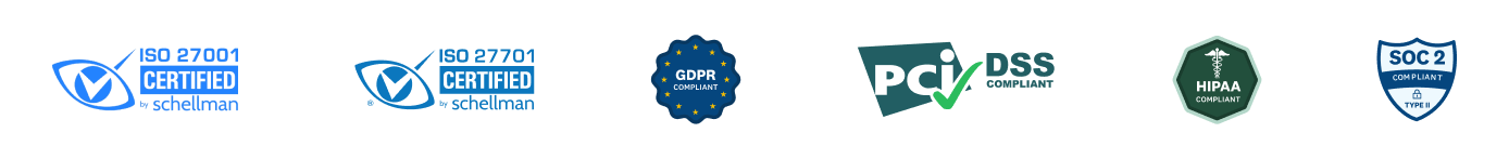 ISO 27001 certified badge, ISO 27701 certified badge, GDPR compliant badge, PCI DSS compliant badge, HIPAA compliant badge, and SOC2 type II compliant badge