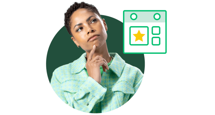 Woman looking perplexed with icon of a calendar next to her