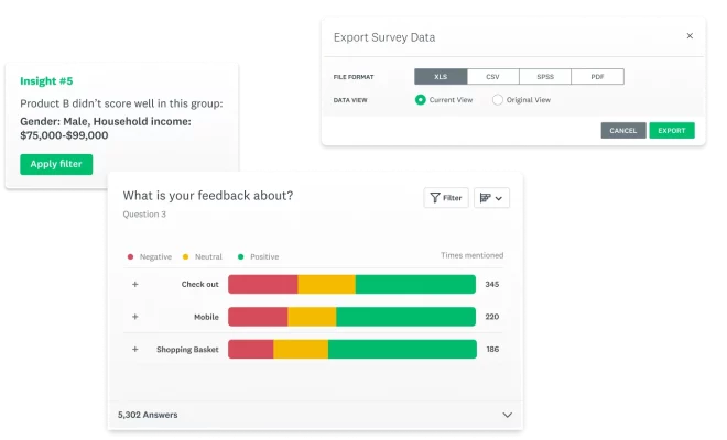 Screenshot of various analytics tools within SurveyMonkey, including personalized insights and export data feature