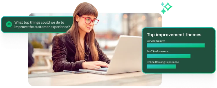 A woman is typing on a laptop. An overlay shows a conversation bubble with a survey question, "What top things could we do to improve the customer experience?" and a bar chart titled "Top improvement themes," which includes "Service Quality," "Staff Performance," and "Online Banking Experience."