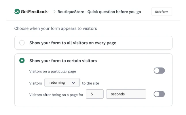 GetFeedback visitor targeting settings interface displaying options to show feedback forms to returning visitors after 5 seconds on a page
