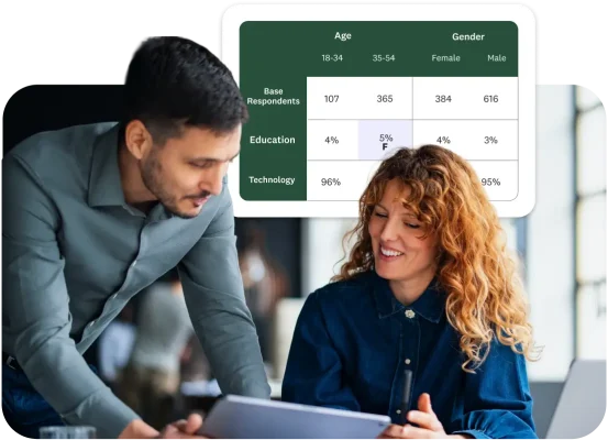 Man and woman looking at survey results on a laptop