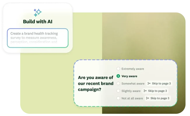 Build with AI prompt that says create a brand health tracking survey to measure awareness, next to a survey question asking if you are aware of our recent brand campaign