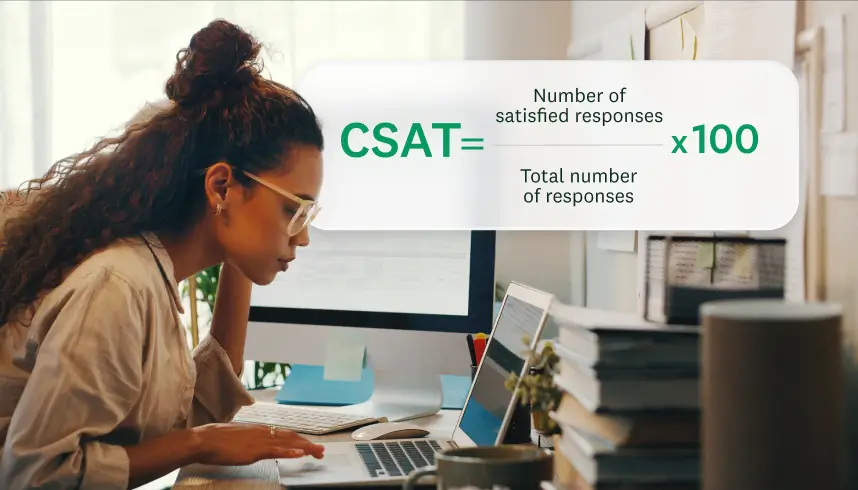 A smiling woman with a laptop, with a graphic overlay that shows the formula for calculating CSAT: (Number of satisfied responses / Total number of responses) x 100.