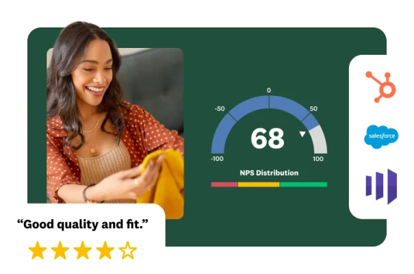 A woman smiling and holding a garment with an overlay showing a 3.5-star review, an NPS score of 68, and integration logos.