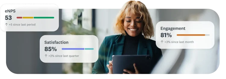 A woman analyzing business performance metrics including Net Promoter Score (NPS), employee engagement, and customer satisfaction data on a screen.