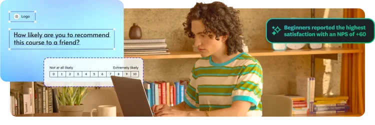 A person using a laptop with an overlay of a course recommendation survey and an NPS score callout.