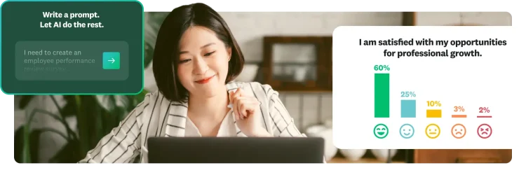 A woman at a desk looking at a laptop with a pop-up showing an AI prompt and a survey chart.