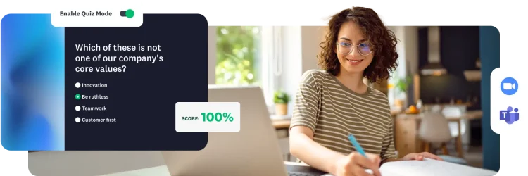 A woman working on a laptop with an overlay showing a corporate values quiz in "Quiz Mode" with a 100% score.