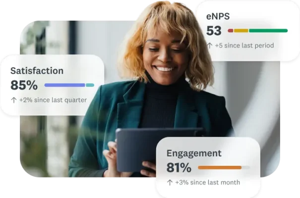 A woman analyzing business performance metrics including Net Promoter Score (NPS), employee engagement, and customer satisfaction data on a screen.
