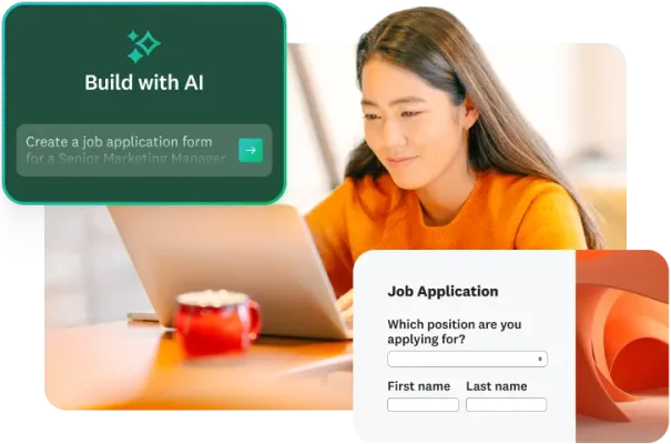 A woman smiling and using her laptop with an overlay showing a job application form and an AI prompt.
