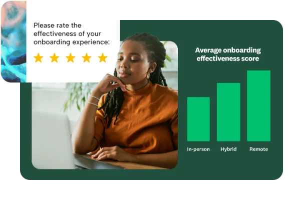 A woman at a desk looking at a laptop with a pop-up showing an onboarding effectiveness score bar chart and a rating question.