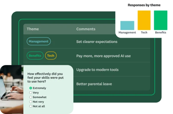 A person typing on a laptop with overlays showing a survey question and themed responses.