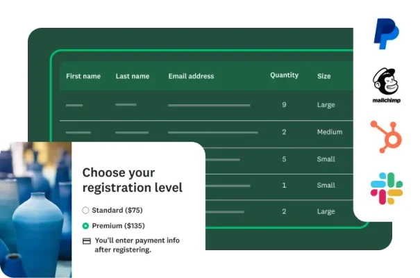 A screen showing event registration options, a table of attendee data, and integration logos.