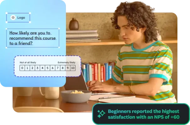 A person using a laptop with an overlay of a course recommendation survey and an NPS score callout.