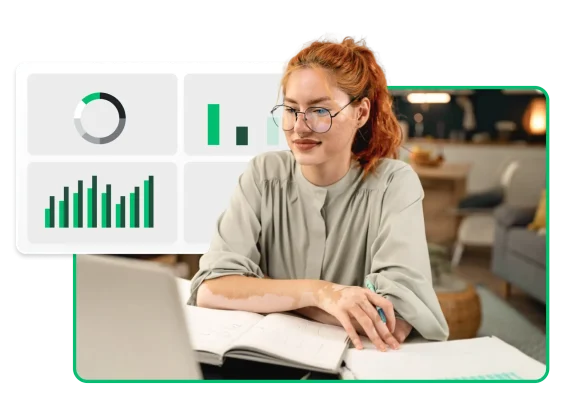 Woman sitting at a desk looking at her computer with product screenshots of data floating around her