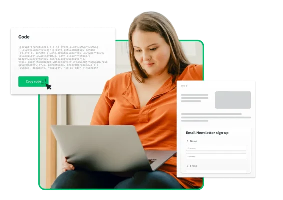 A woman sitting in a chair using her laptop with product screenshots floating around her