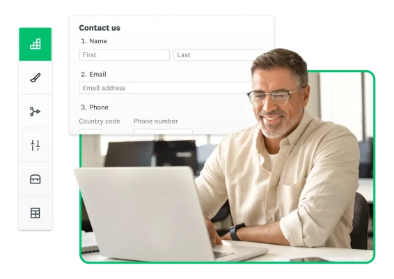 Man sitting at a desk using a laptop with product screenshots floating around him