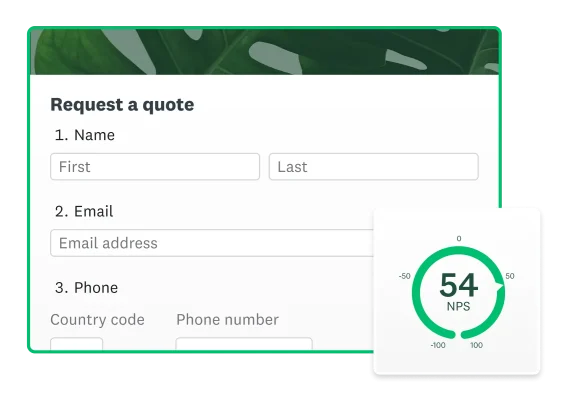 A product screenshot of a request a quote form and an NPS score