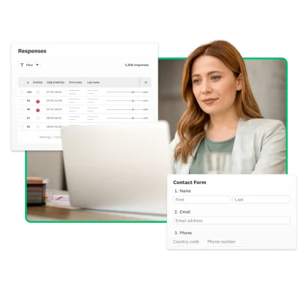 A woman sitting at a desk using her laptop with product screenshots floating around her