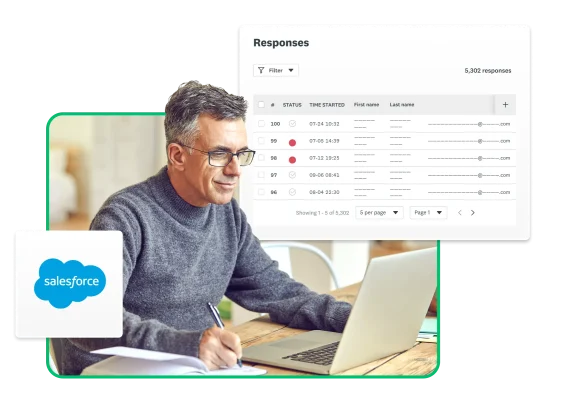 A man sitting at a desk using his laptop with the Salesforce logo and product screenshots floating around him